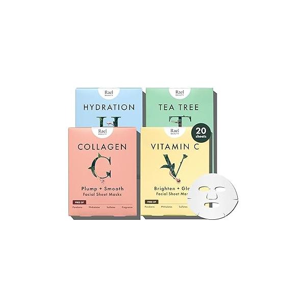 Rael Face Mask Skin Care, Collagen Masks - Bamboo Facial Sheet Mask, Korean Skincare, with Essence and Fruit Extracts, Nourishing Moisturizing, All Types (Collagen, 5 Sheets)