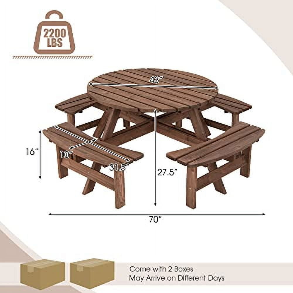 GLACER 8 Person Wooden Picnic Table, Outdoor Round Patio Table with Seat & Umbrella Hole, 2200 LBS Weight Capacity for Patio, Backyard, Garden