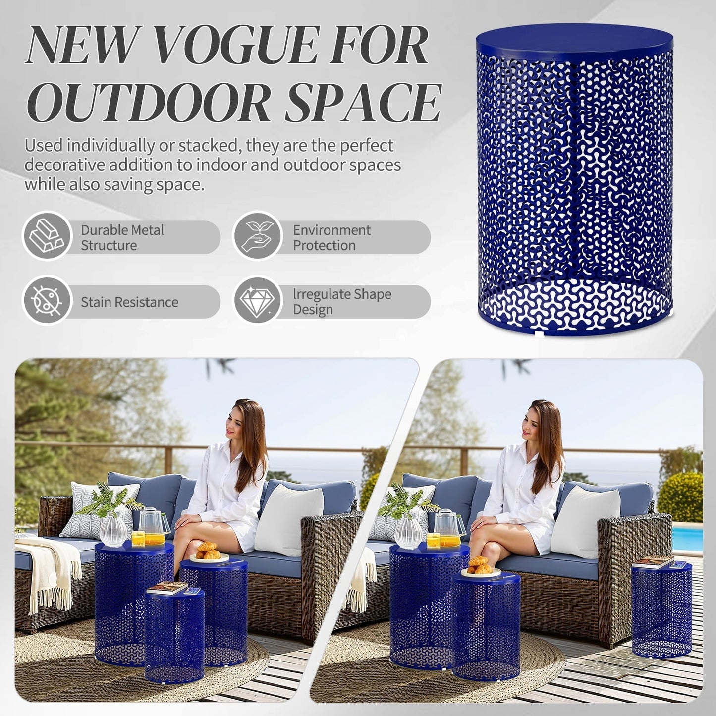 Ktaxon 3 Piece Metal Stacking Side Table Set for Patio Indoor Outdoor Nesting End Tables Clover Design, 12/14/16 Inch， Blue