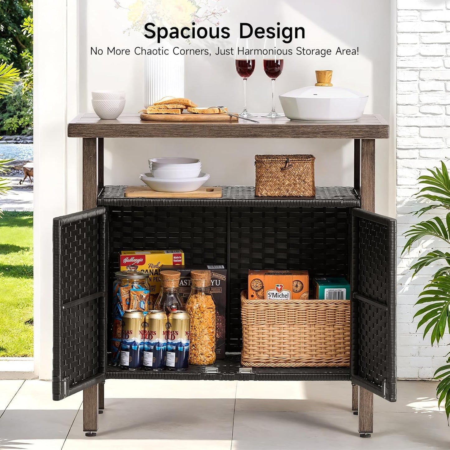 WANSHUN Outdoor Storage Cabinet, Woven Rattan Bar Table with 2 Doors, Slatted-Top, Wicker Console Table for Patio, Garden, Backyard, Kitchen - Black