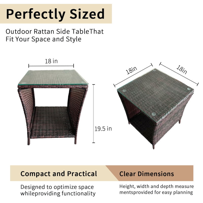 Outdoor Wicker Side Table, Rattan Coffee Tables - Square End Table with Tempered Glass Top and Storage for Patio Porch Lawn (Brown)