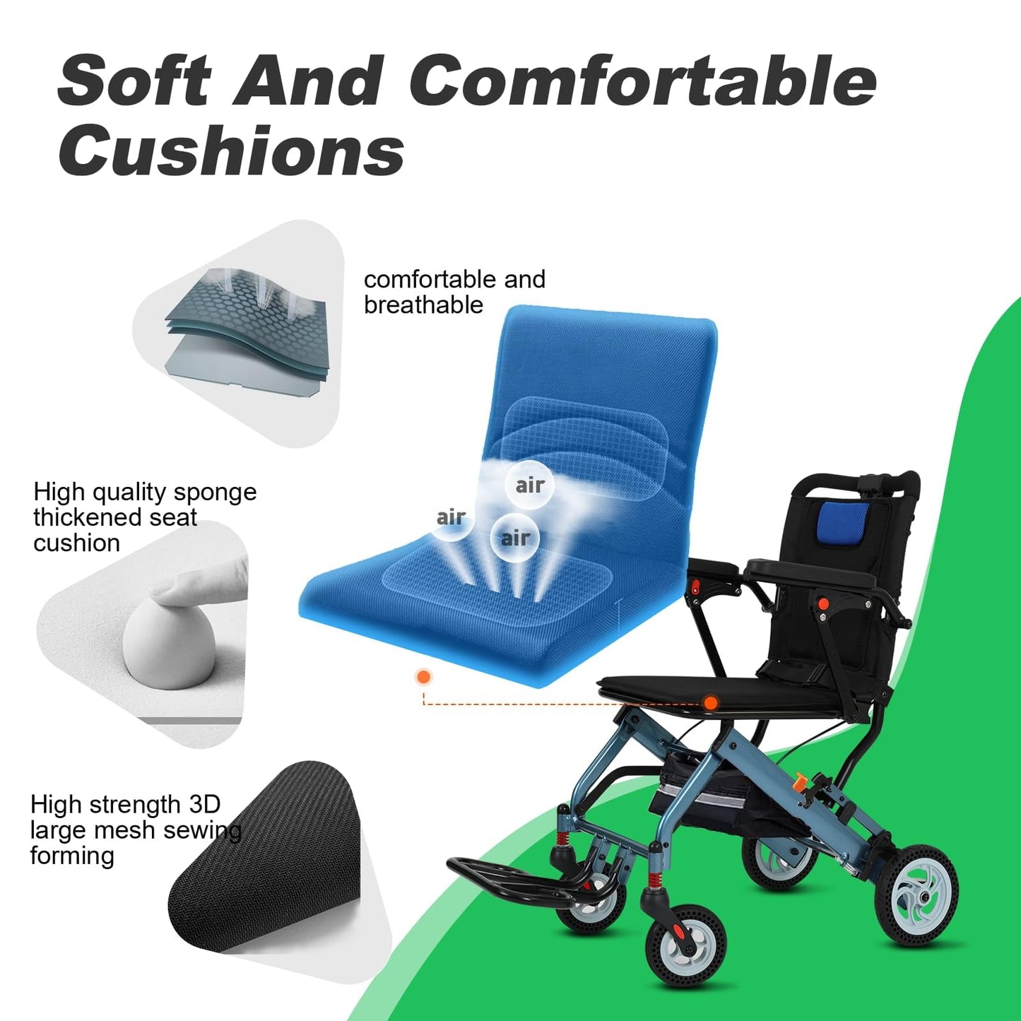 20lbs Ultra-Lightweight Foldable Wheelchair for Adults & Seniors, 220lbs Capacity, 8" Honeycomb Tires & Detachable Cushion for Travel, Hospital, Home (Blue)