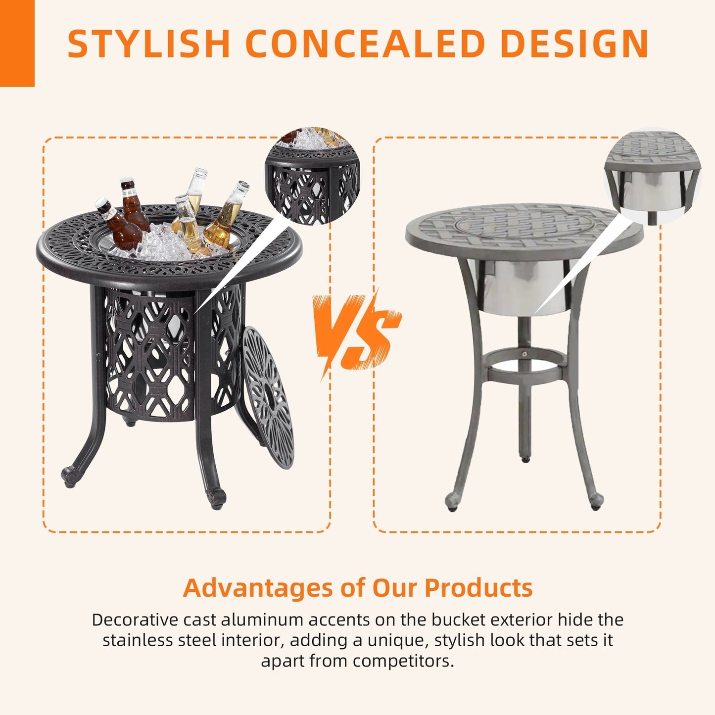 MRFMJ 21" Side Table with Removable Ice Bucket- Rustproof Cast Aluminum Frame for Indoor & Outdoor, Patio, Balcony