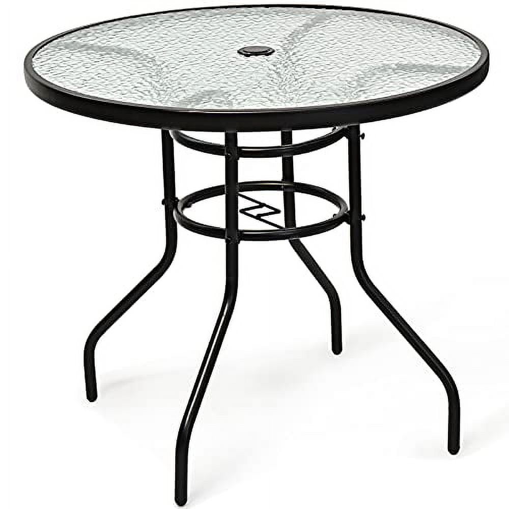 KOTEK 32'' Patio Table with Umbrella Hole, Outdoor Bistro Table w/Tempered Glass Top & Sturdy Metal Frame, Round Patio Dining Table Coffee Table for Garden, Balcony, Poolside