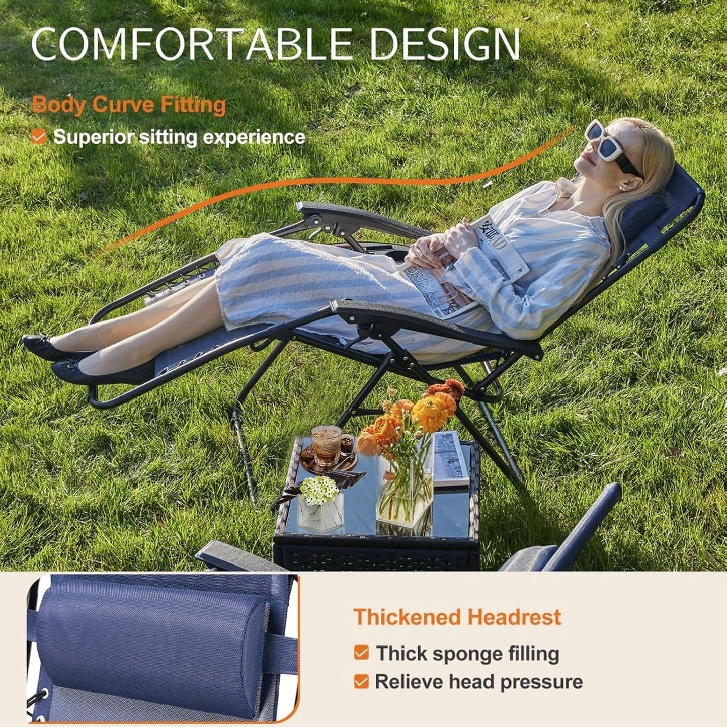 Atilioo Zero Gravity Chairs Set of 2, Adjustable Folding Recliner, Portable Lounge Chair with Steel Frame, Mesh Fabric, Cup Holder Trays & Pillow for Beach, Camping & Patio, Blue