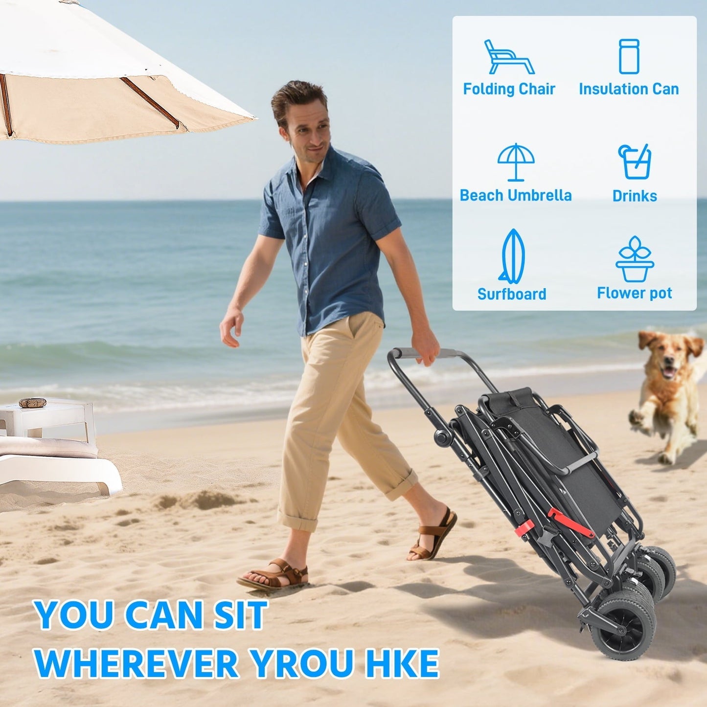 Aoemoe 400-Pound Capacity All-Terrain Beach Chair + Folding Cart 2-in-1,(Black)