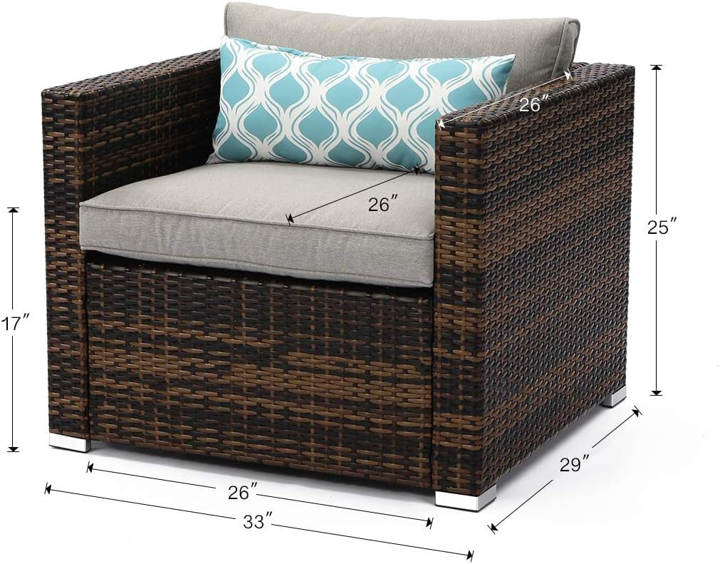 COSIEST Outdoor Furniture All-Weather Mottlewood Brown Wicker Single Chair w Warm Gray Thick Cushions, Teal Pattern Pillow