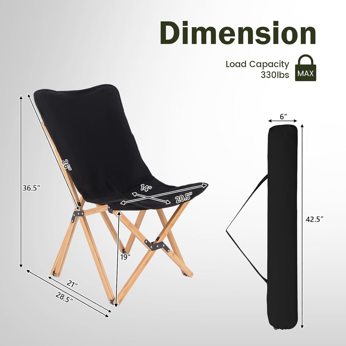 ZOPan Camping Chairs 2 Pack, Folding Beach Chairs for 330lbs, Outdoor Butterfly Chair, Portable Lawn Chairs for Picnic Fishing Hiking Mountaineering, Lightweight Bamboo Frame No Assembly (Black)