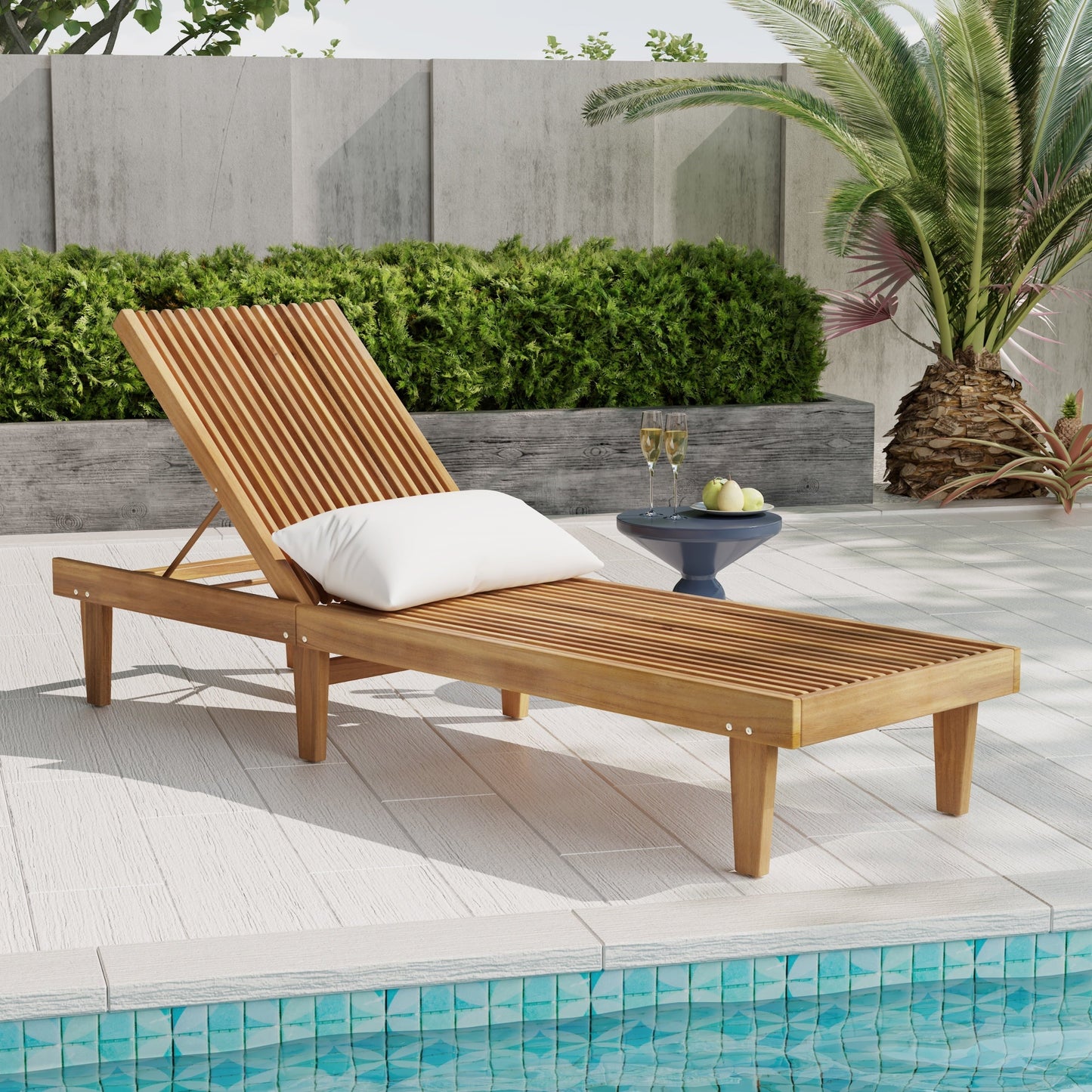 Shihatsusr Adjustable Teak Chaise Lounge - Waterproof Slatted Design, 3-Position Recline for Poolside & Patio, All-Weather Outdoor Lounge Chair