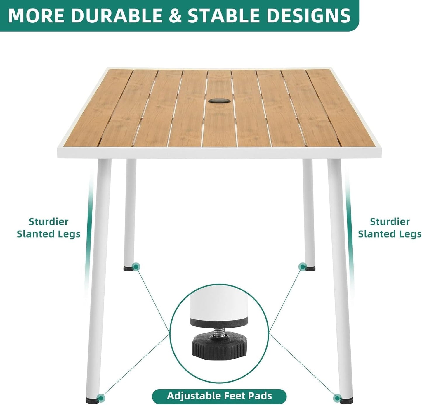 Craftian PE Rattan and Wood Outdoor Patio Dining Table with 2.2" Umbrella Hole for 6, Steel Frame, Adjustable Legs, Weather-Resistant Garden Table