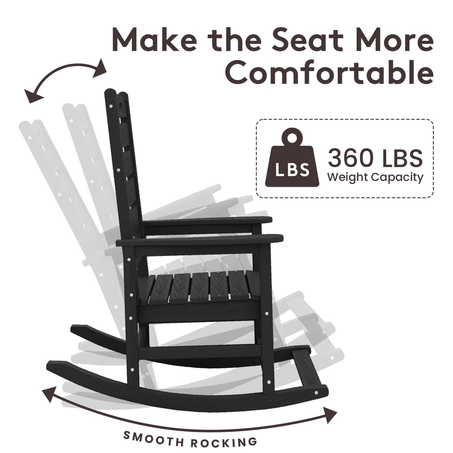 JUSTLET Outdoor Rocking Chair with Footrest, High Back HDPE Oversized Adirondack Slat Rocker for Patio,Garden,Lawn,Balcony, Black