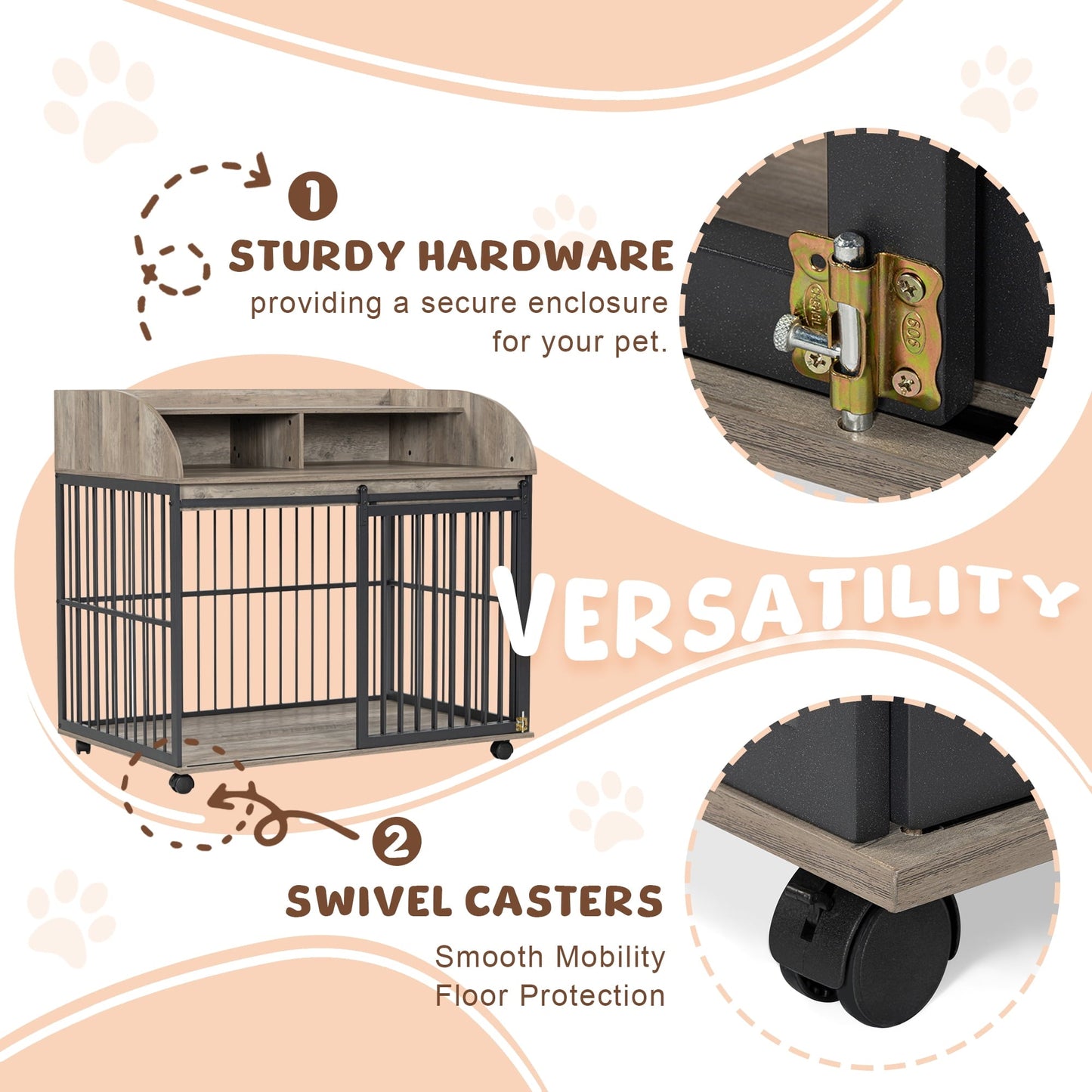 Noaman GO 44'' Heavy Duty Large Dog Crate Furniture with Lockable Wheels, Wooden Dog Kennel & End Table with Double Layer Storage, Gray