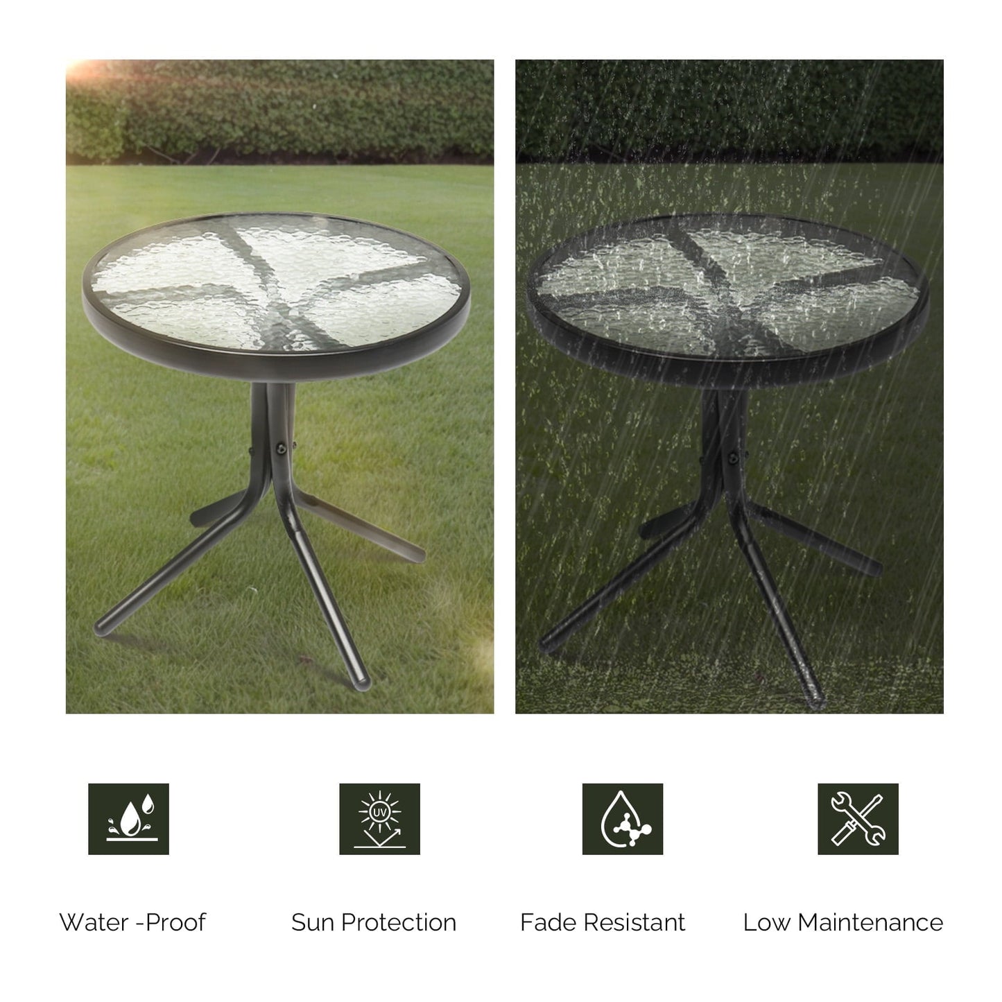 Zimtown 18" Round Tempered Glass Outdoor Patio Side Table, Metal Frame End Table, Black