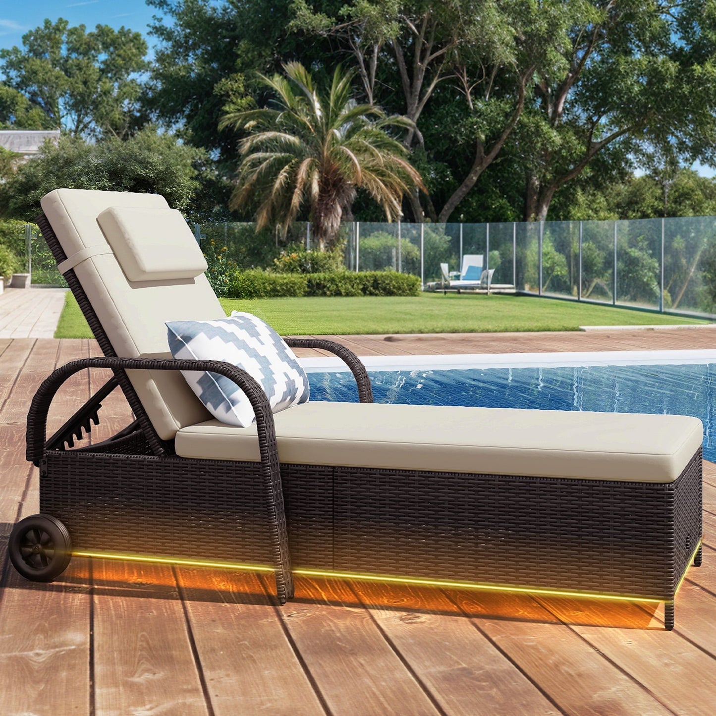 Uforic LED Outdoor Lounge Chair with 5-Level Recline, Wheels, Storage, Patio Wicker Chaise, Brown/Beige