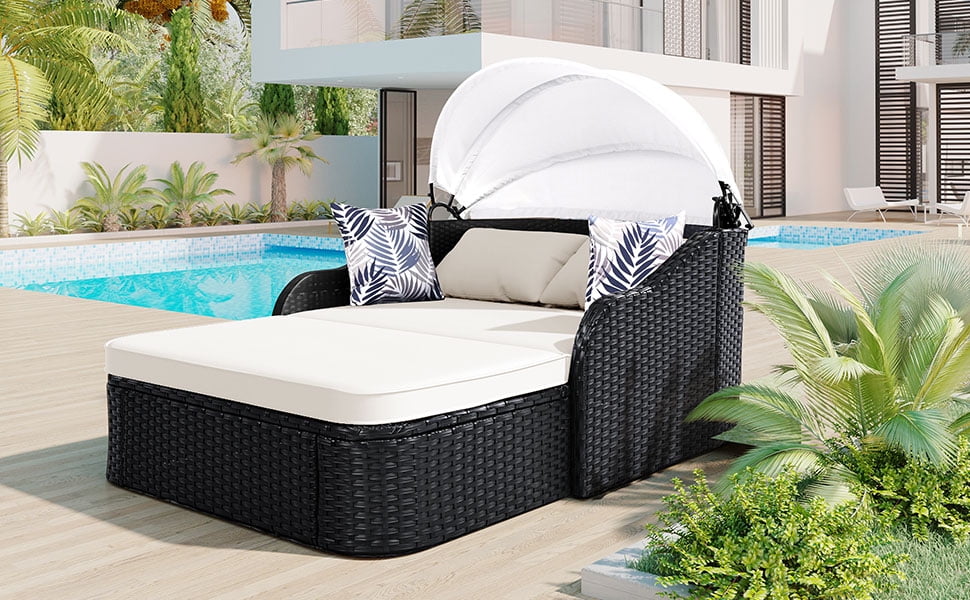 GO 79.9" Adjustable Canopy Sunbed, Double Lounger in PE Rattan, Black Frame & Beige Cushion
