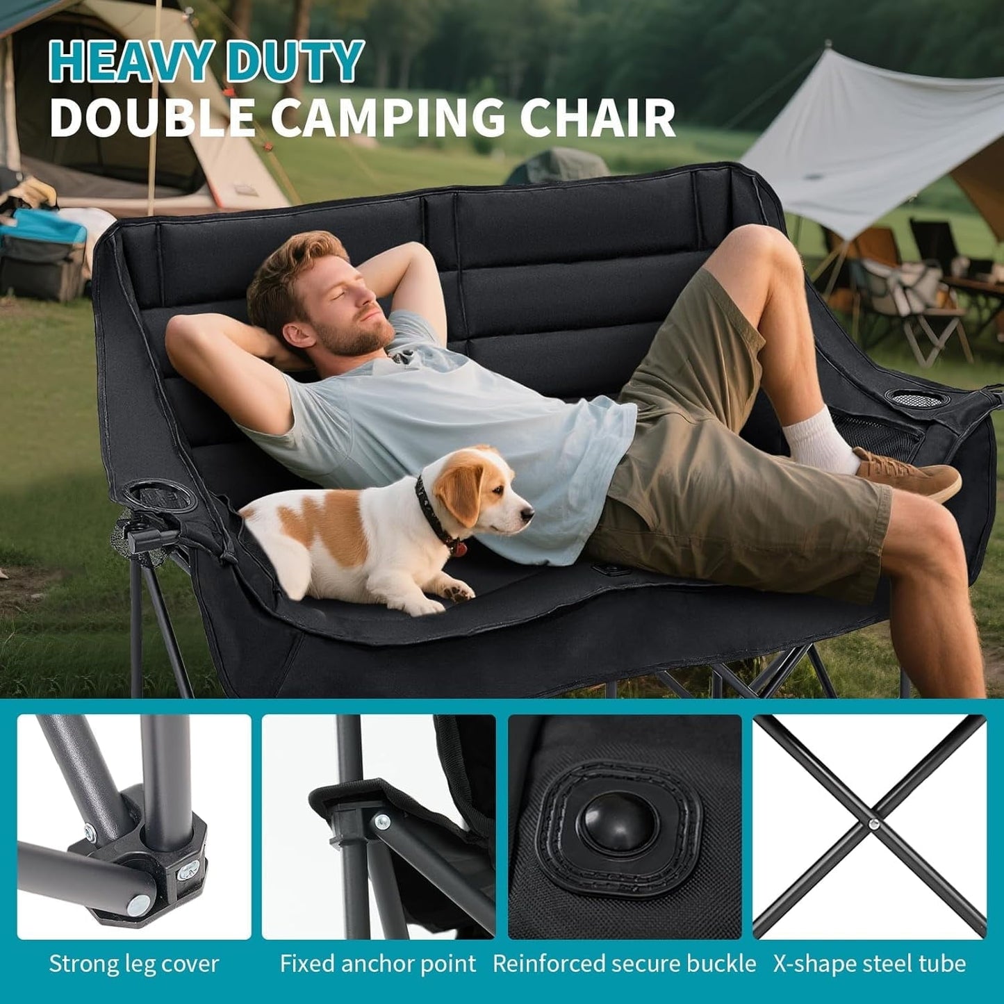 Zikebtuy Double Camping Chair for 2 Person - Oversized Padded Folding Loveseat - Portable Camping Couch Heavy Duty Lawn Chairs for Outdoor Beach - Support 500LBS