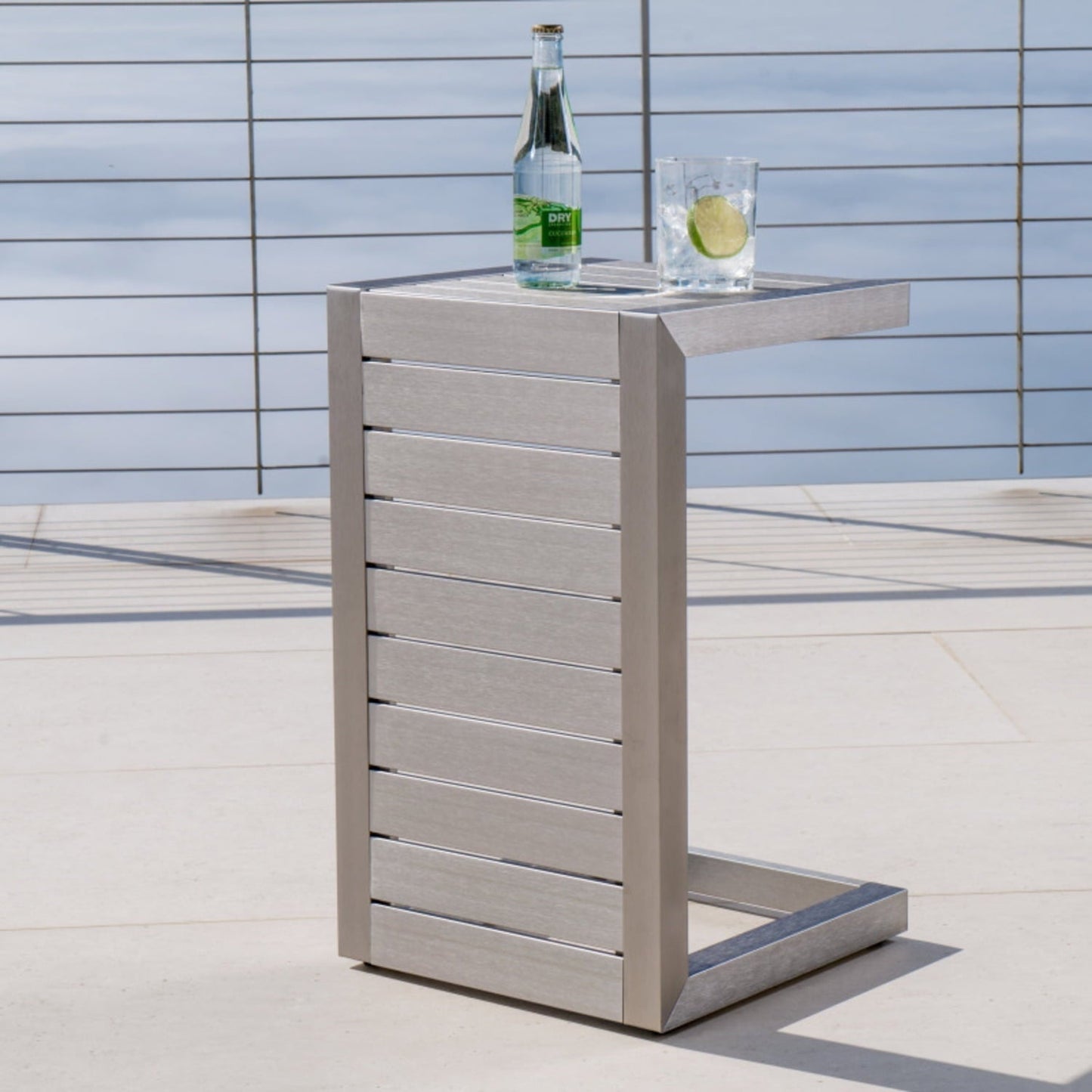 Silver C-shape Patio Side Table For Chairs, Aluminum Outdoor End Table