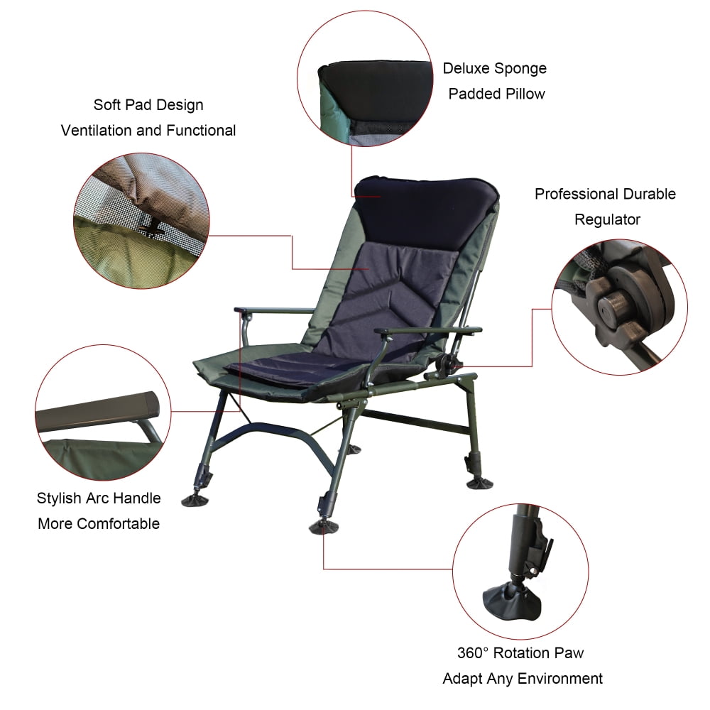 Tcbosik Folding Camping Chair with Adjustable Backrest, Portable Reclining Chair for Adults, Outdoor Lawn Chair for Hiking Fishing Picnic, Black & Green
