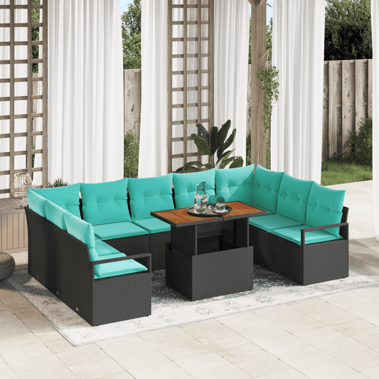 vidaXL 10 Piece Garden Sofa Set with Cushions Black Poly Rattan Acacia
