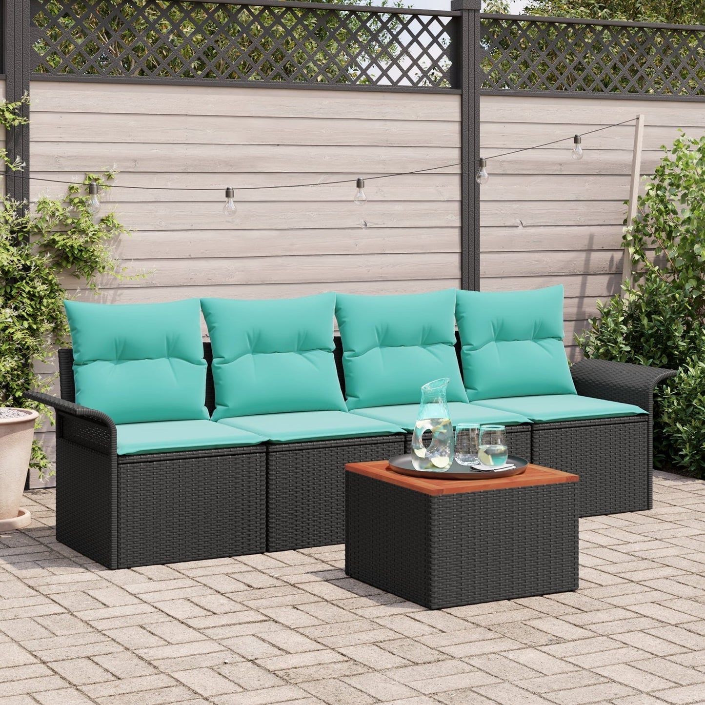 vidaXL 5 Piece Garden Sofa Set with Cushions Black Poly Rattan Acacia, vidaXL 2-Seater Garden Sofa with Cushions Black Poly Rattan