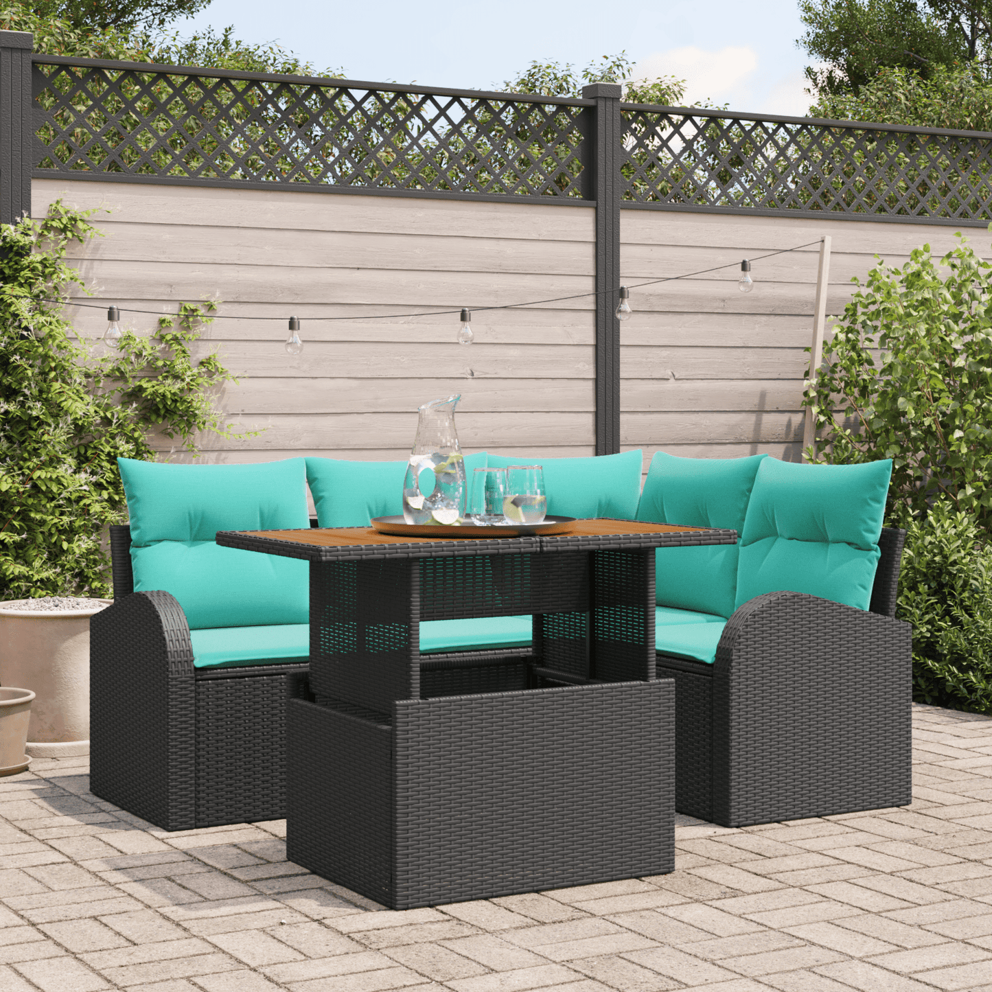 vidaXL 5 Piece Garden Sofa Set with Cushions Black Poly Rattan Acacia