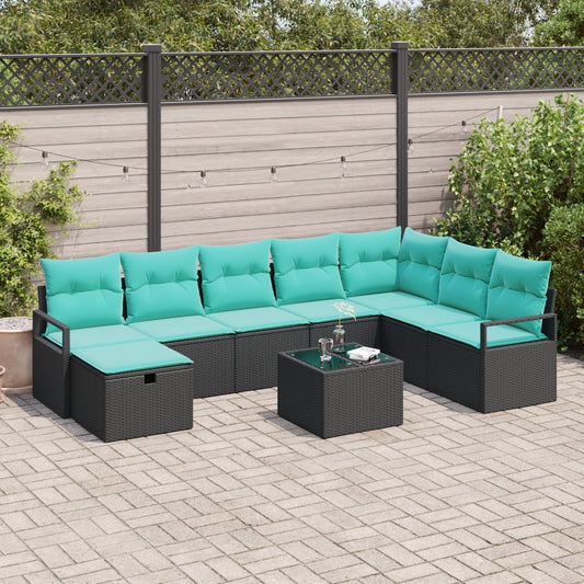 vidaXL 9 Piece Garden Sofa Set with Cushions Black Poly Rattan, vidaXL 2-Seater Garden Sofa with Cushions Black Poly Rattan