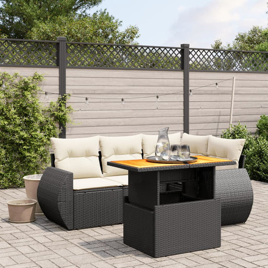 vidaXL Garden Sofa Set Black poly rattan with cream white cushions