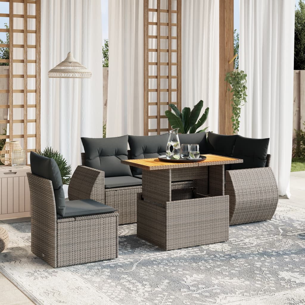 vidaXL Garden Sofa Set Grey PE Rattan 6 Piece Set Adjustable Feet