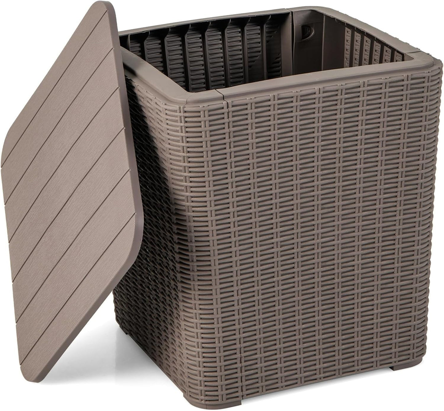 zzppy 11.5 Gallon Deck Box, Outdoor Side Table with Removable Lid, Faux Wicker-Woven, 330Lbs Capacity, Outside Waterproof Storage Box, Resin Rattan Small Coffee Table for Patio Poolside (Brown)