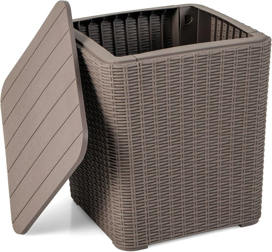 zzppy 11.5 Gallon Deck Box, Outdoor Side Table with Removable Lid, Faux Wicker-Woven, 330Lbs Capacity, Outside Waterproof Storage Box, Resin Rattan Small Coffee Table for Patio Poolside (Brown)